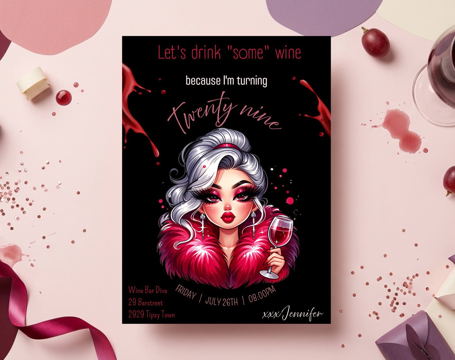 29th Birthday Wine Diva Invitation Template Black Edition | Editable Canva Template | 5x7in & WhatsApp | Digital Download