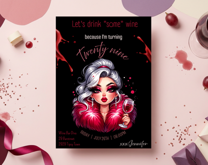 29th Birthday Wine Diva Invitation Template Black Edition | Editable Canva Template | 5x7in & WhatsApp | Digital Download