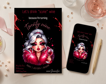 29th Birthday Wine Diva Invitation Template Black Edition | Editable Canva Template | 5x7in & WhatsApp | Digital Download
