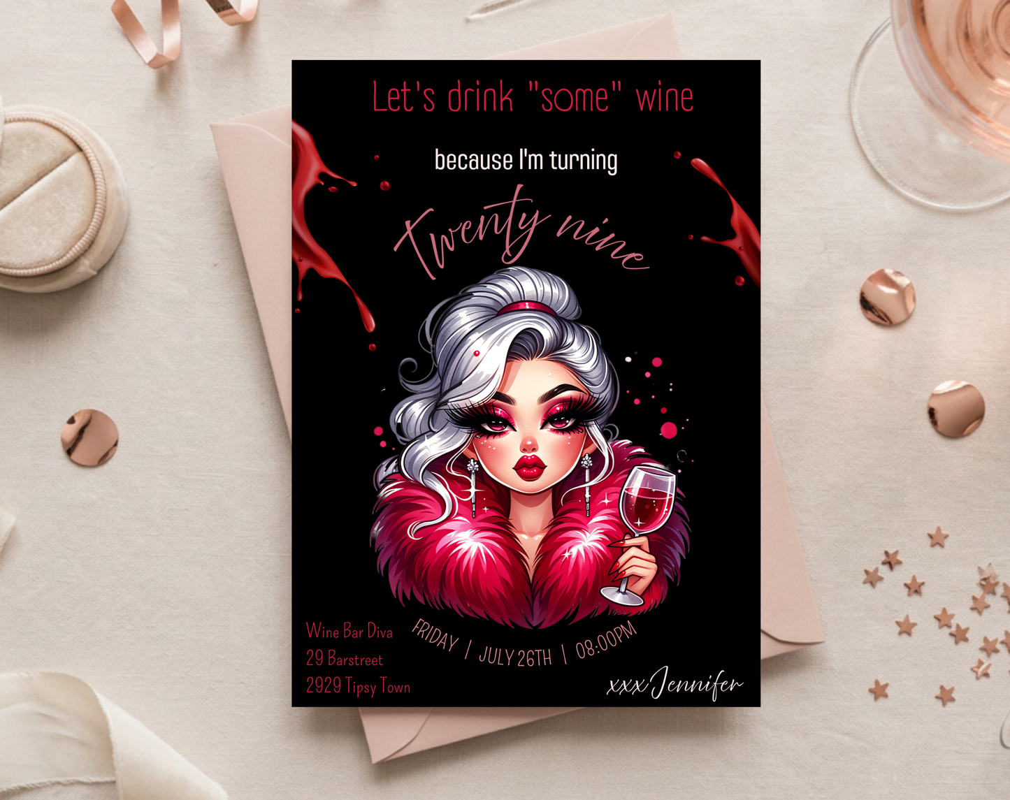 29th Birthday Wine Diva Invitation Template Black Edition | Editable Canva Template | 5x7in & WhatsApp | Digital Download
