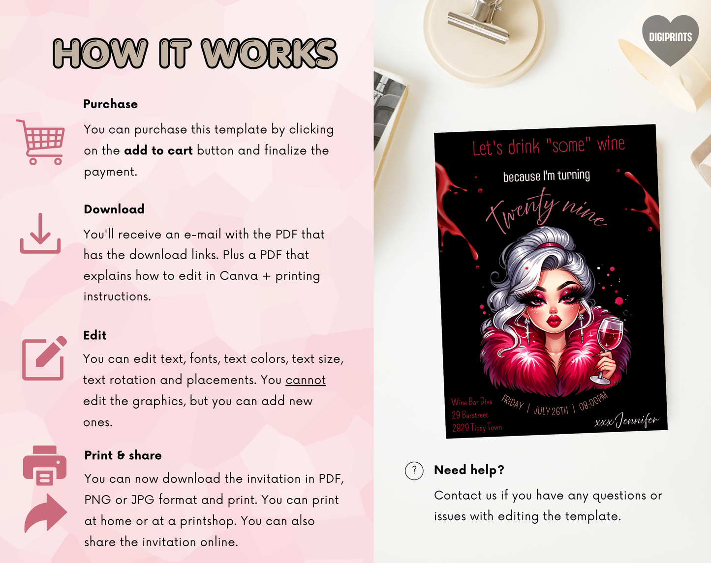 29th Birthday Wine Diva Invitation Template Black Edition | Editable Canva Template | 5x7in & WhatsApp | Digital Download