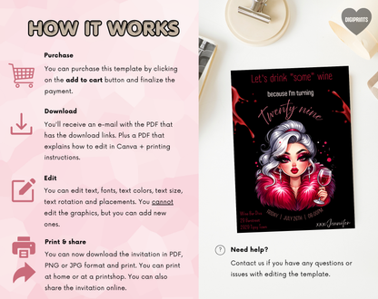 29th Birthday Wine Diva Invitation Template Black Edition | Editable Canva Template | 5x7in & WhatsApp | Digital Download