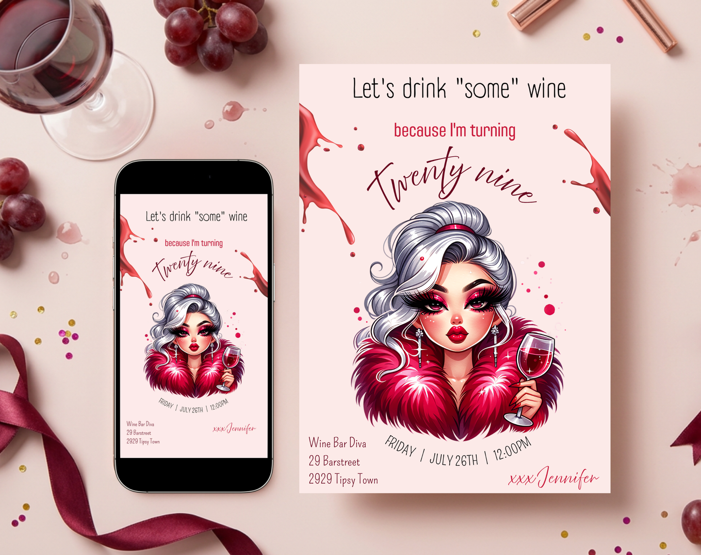 29th Birthday Wine Diva Invitation Template | Editable Canva Template | 5x7in & WhatsApp | Digital Download