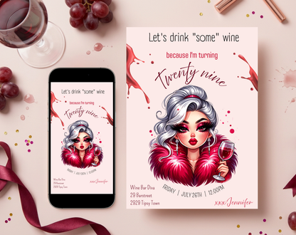 29th Birthday Wine Diva Invitation Template | Editable Canva Template | 5x7in & WhatsApp | Digital Download