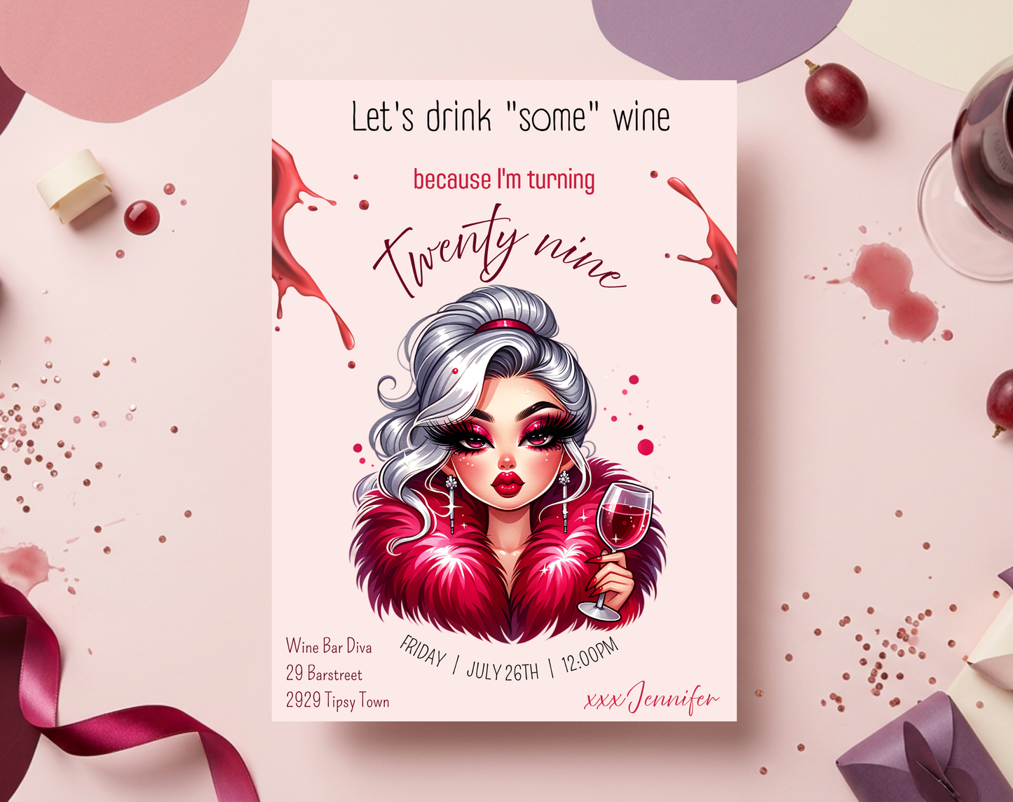 29th Birthday Wine Diva Invitation Template | Editable Canva Template | 5x7in & WhatsApp | Digital Download