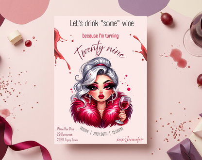 29th Birthday Wine Diva Invitation Template | Editable Canva Template | 5x7in & WhatsApp | Digital Download