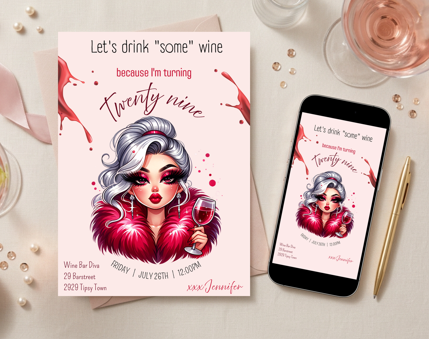 29th Birthday Wine Diva Invitation Template | Editable Canva Template | 5x7in & WhatsApp | Digital Download