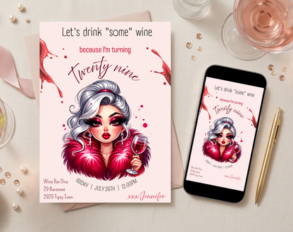 29th Birthday Wine Diva Invitation Template | Editable Canva Template | 5x7in & WhatsApp | Digital Download