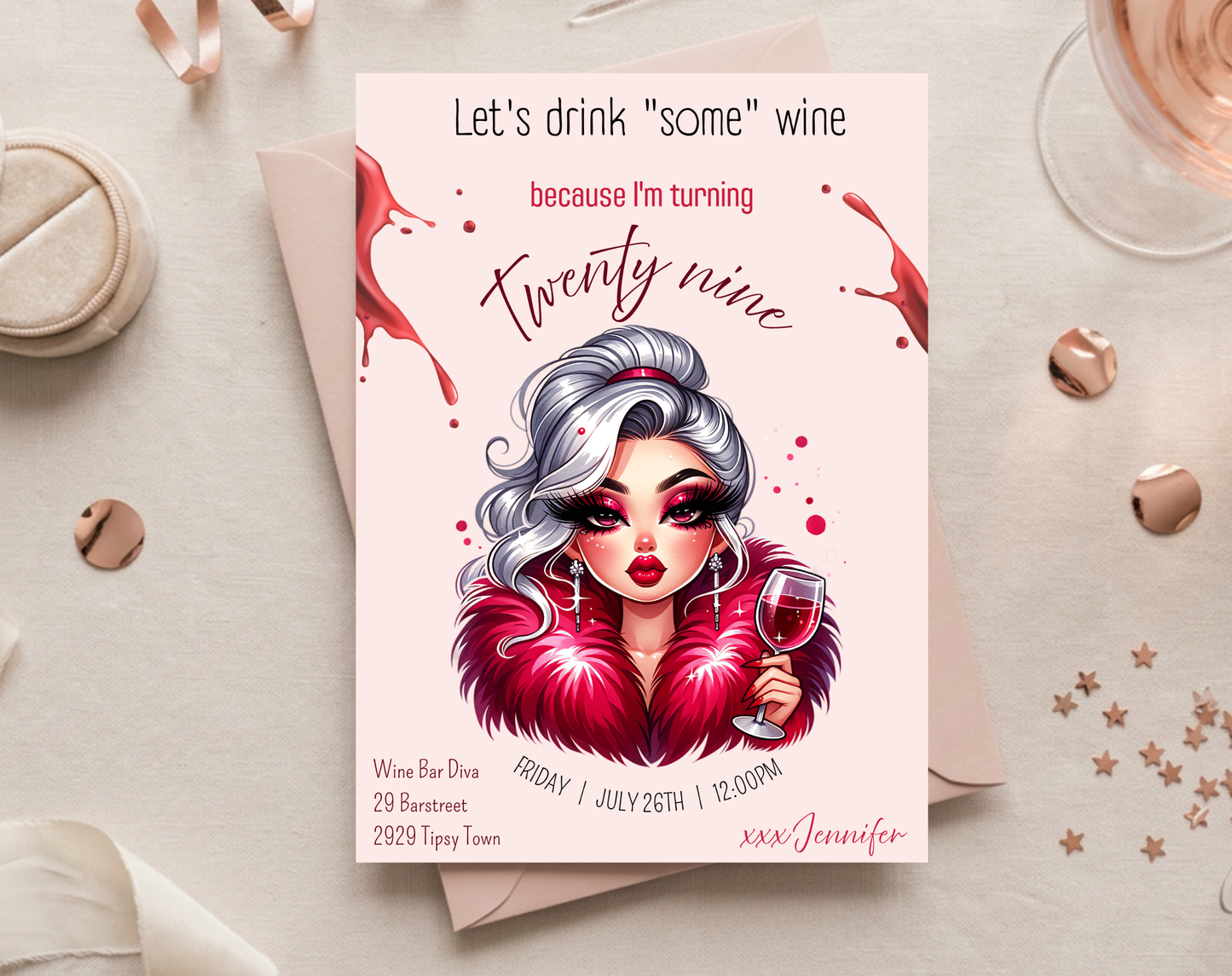 29th Birthday Wine Diva Invitation Template | Editable Canva Template | 5x7in & WhatsApp | Digital Download