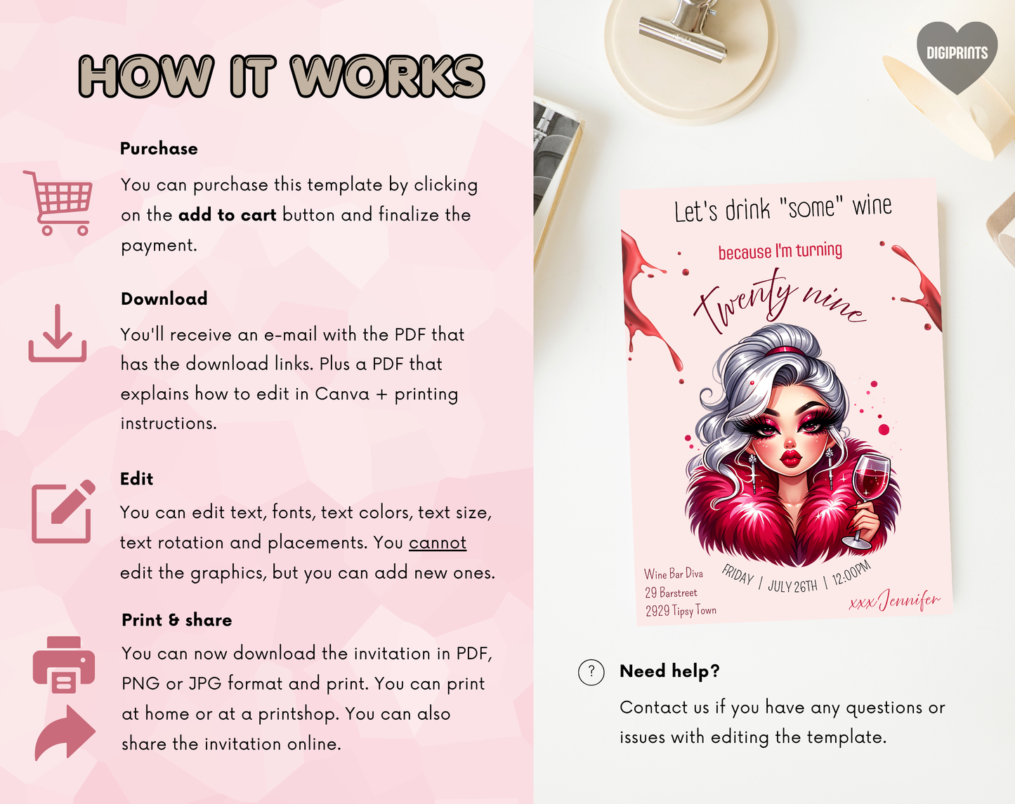 29th Birthday Wine Diva Invitation Template | Editable Canva Template | 5x7in & WhatsApp | Digital Download