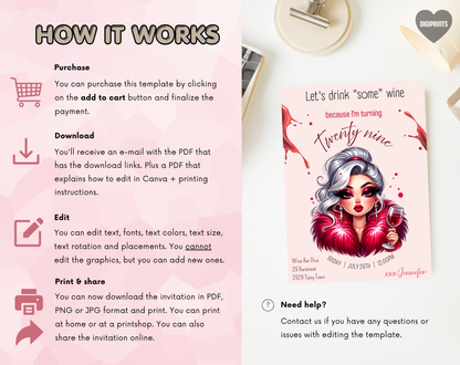29th Birthday Wine Diva Invitation Template | Editable Canva Template | 5x7in & WhatsApp | Digital Download