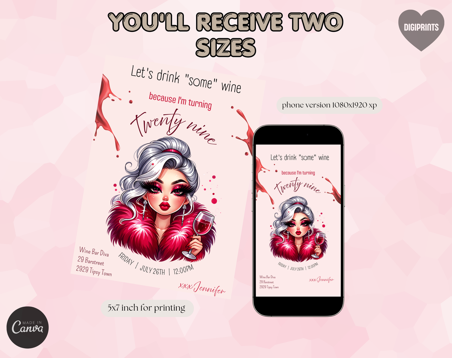 29th Birthday Wine Diva Invitation Template | Editable Canva Template | 5x7in & WhatsApp | Digital Download