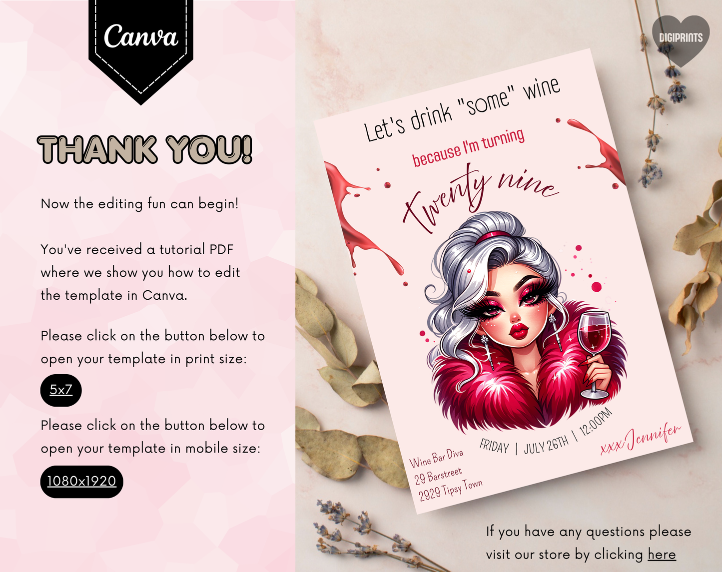29th Birthday Wine Diva Invitation Template | Editable Canva Template | 5x7in & WhatsApp | Digital Download