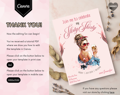Flirty Thirty 30th Birthday Invitation Template | Editable Canva Template | 5x7in & WhatsApp | Digital Download