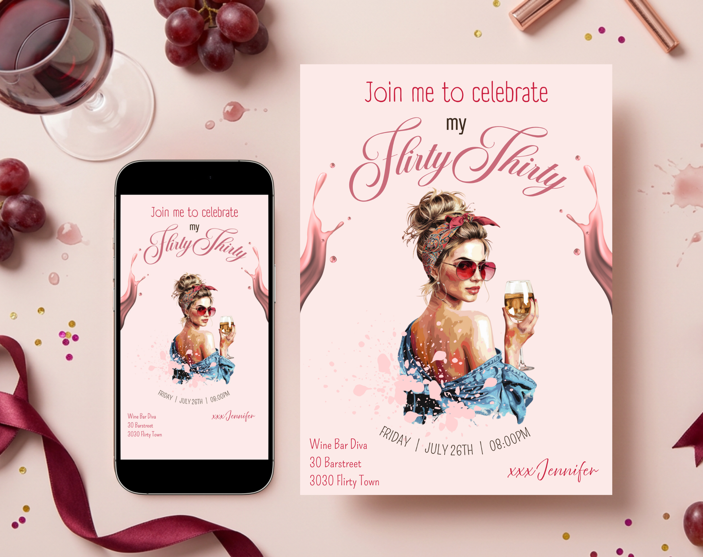 Flirty Thirty 30th Birthday Invitation Template | Editable Canva Template | 5x7in & WhatsApp | Digital Download