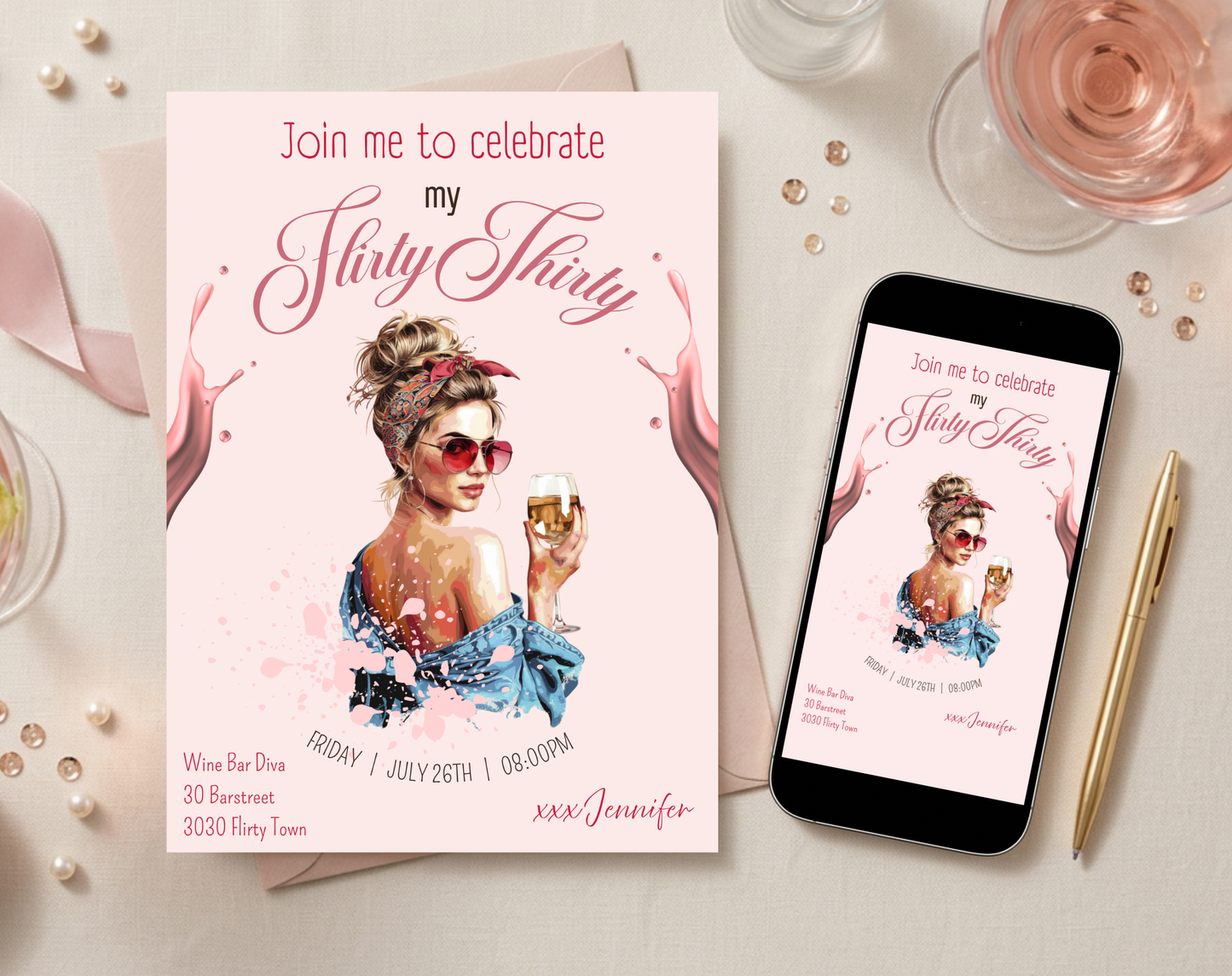 Flirty Thirty 30th Birthday Invitation Template | Editable Canva Template | 5x7in & WhatsApp | Digital Download