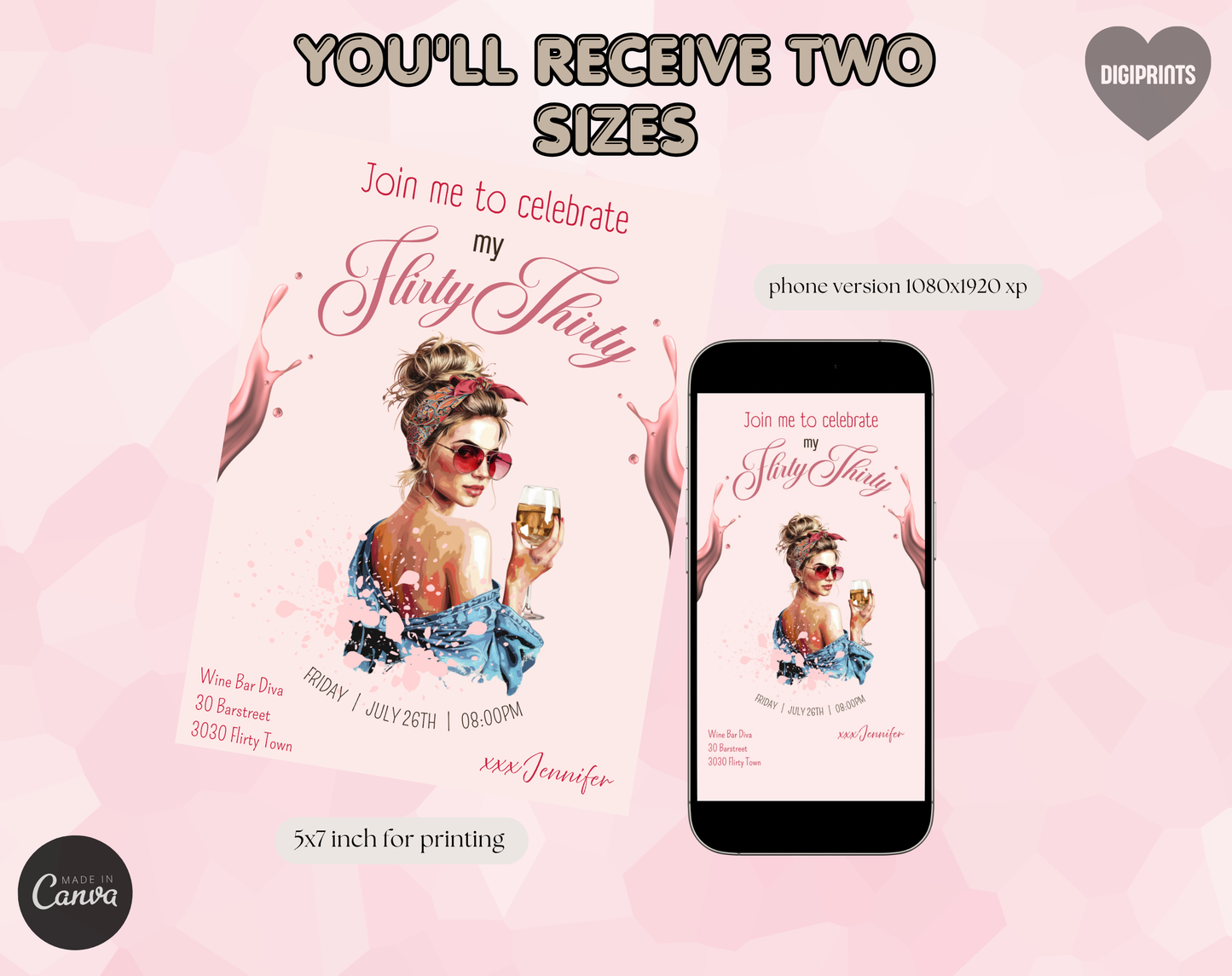 Flirty Thirty 30th Birthday Invitation Template | Editable Canva Template | 5x7in & WhatsApp | Digital Download