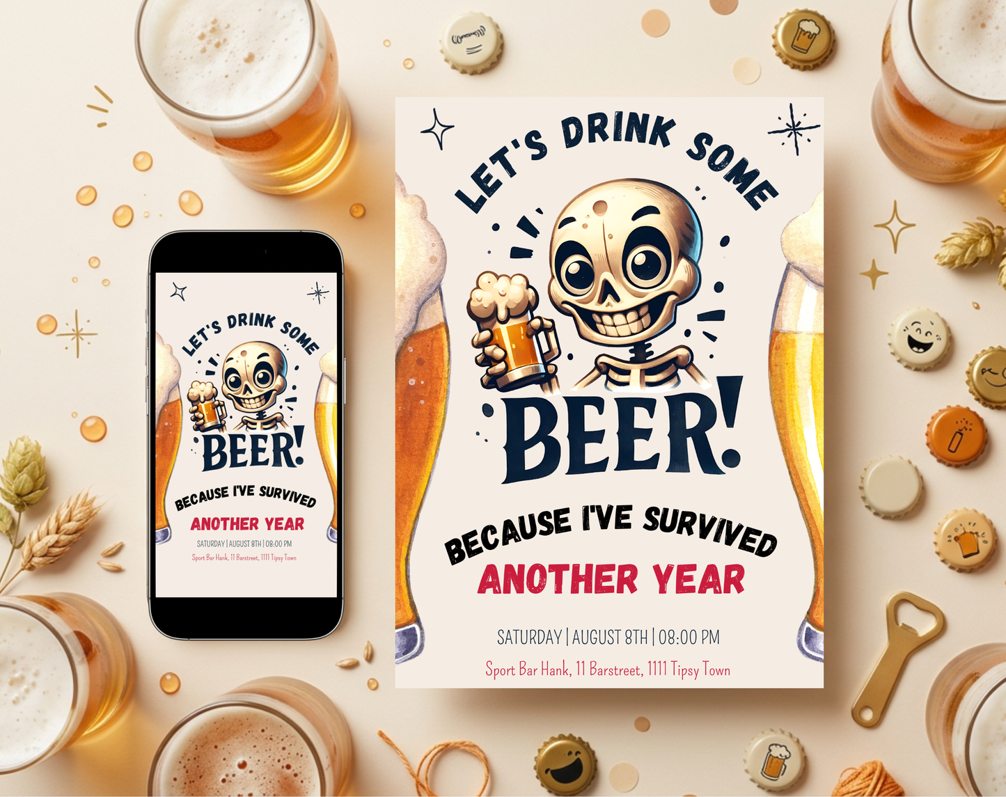 Funny Beer Birthday Invitation Template | Editable Canva Template | 5x7in & WhatsApp | Digital Download