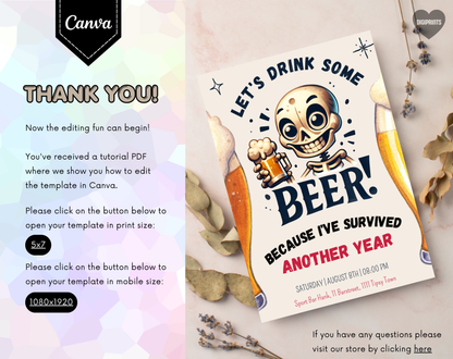 Funny Beer Birthday Invitation Template | Editable Canva Template | 5x7in & WhatsApp | Digital Download