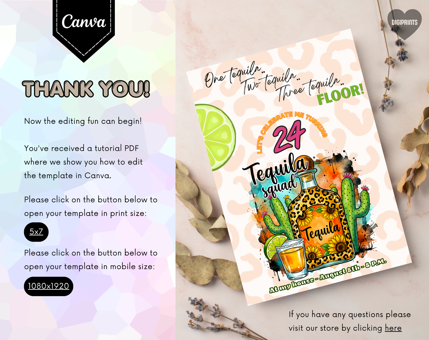 24th Birthday Tequila Squad Invitation Template | Editable Canva Template | 5x7in & WhatsApp | Digital Download
