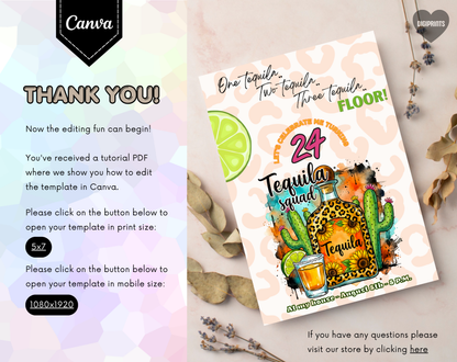 24th Birthday Tequila Squad Invitation Template | Editable Canva Template | 5x7in & WhatsApp | Digital Download