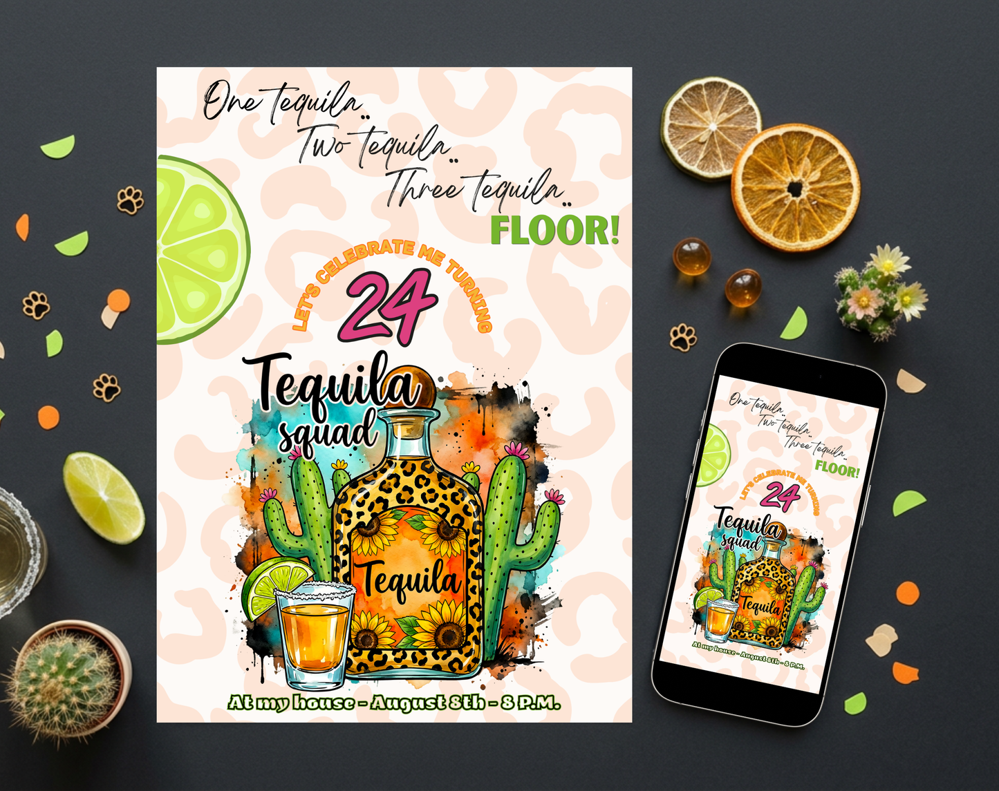24th Birthday Tequila Squad Invitation Template | Editable Canva Template | 5x7in & WhatsApp | Digital Download
