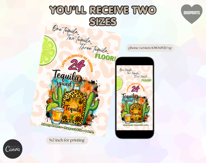 24th Birthday Tequila Squad Invitation Template | Editable Canva Template | 5x7in & WhatsApp | Digital Download
