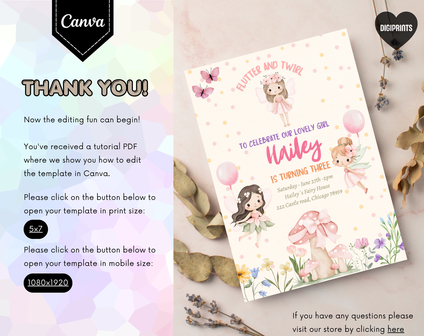 Fairy Garden Third Birthday Invitation Template Cream | Editable Canva Template | 5x7in & WhatsApp | Digital Download