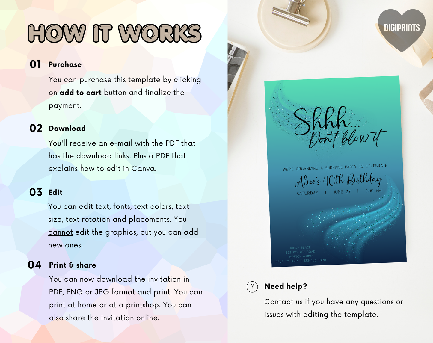 Surprise 40th Birthday Invitation Template Teal Blue | Editable Canva Template | 5x7in & WhatsApp | Digital Download