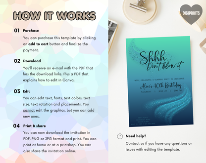 Surprise 40th Birthday Invitation Template Teal Blue | Editable Canva Template | 5x7in & WhatsApp | Digital Download