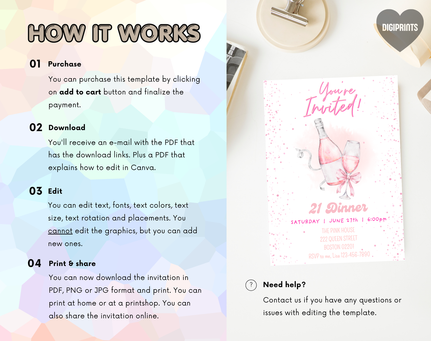 21st Birthday Dinner Invitation Template | Editable Canva Template | 5x7in & WhatsApp | Digital Download