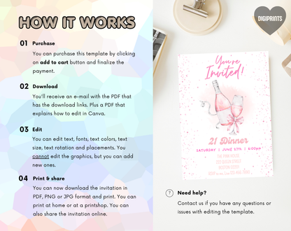21st Birthday Dinner Invitation Template | Editable Canva Template | 5x7in & WhatsApp | Digital Download