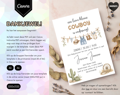 Cowboy Babyshower Uitnodigingstemplate | Bewerkbare Canva Template | A5, A6 & WhatsApp | Digitale Download