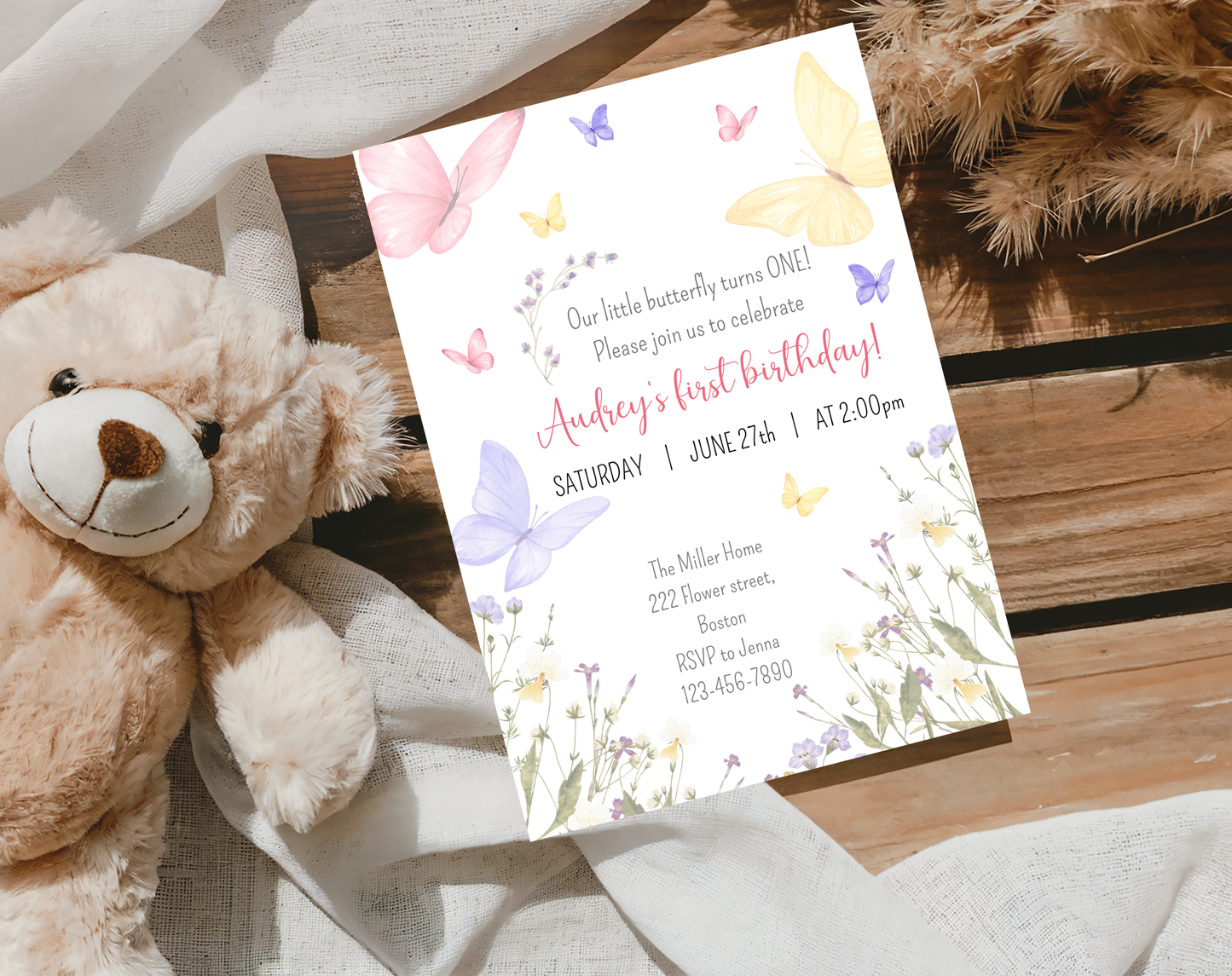 Butterfly First Birthday Invitation Template | Editable Canva Template | 5x7in & WhatsApp | Digital Download