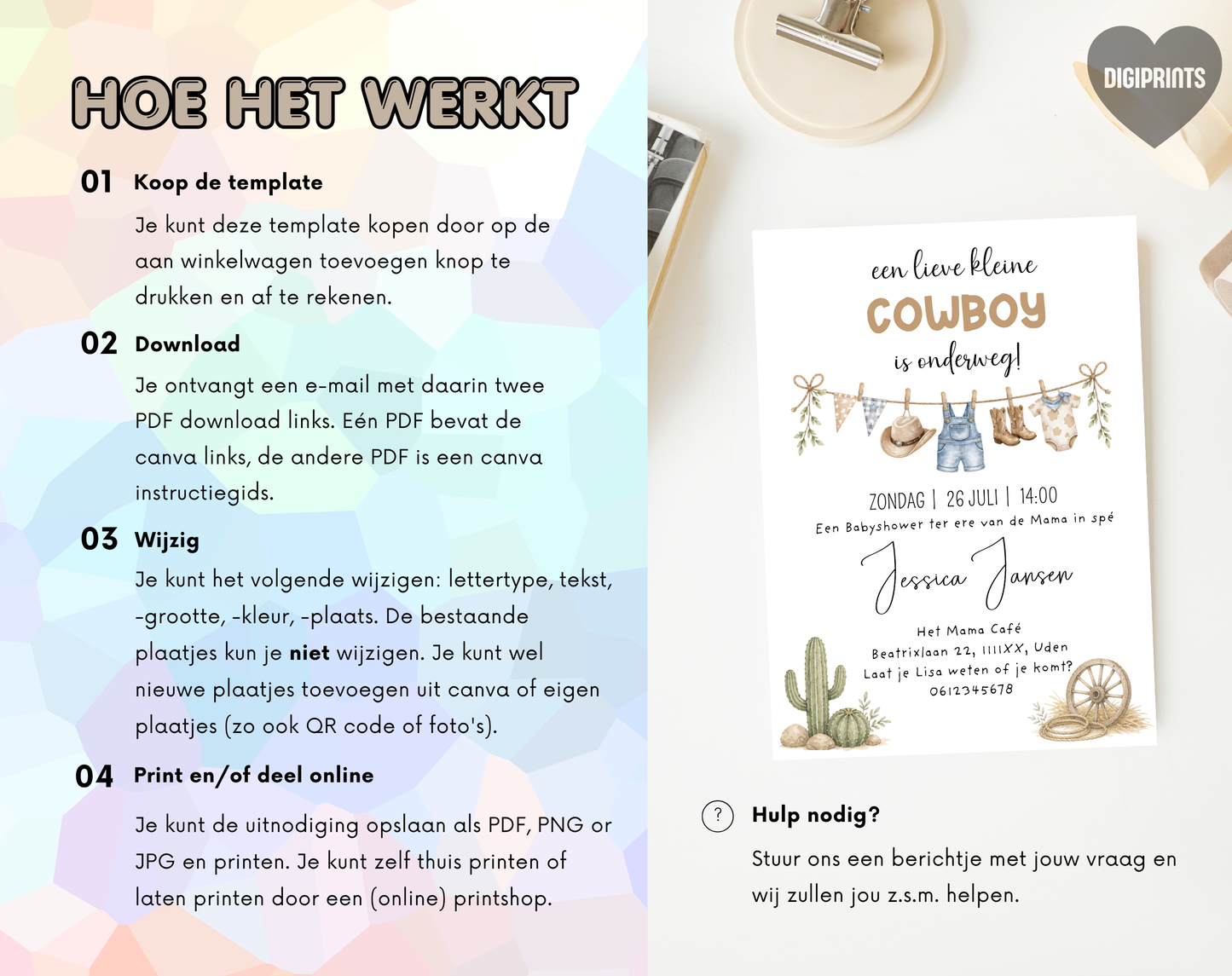 Cowboy Babyshower Uitnodigingstemplate | Bewerkbare Canva Template | A5, A6 & WhatsApp | Digitale Download