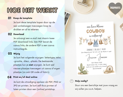 Cowboy Babyshower Uitnodigingstemplate | Bewerkbare Canva Template | A5, A6 & WhatsApp | Digitale Download