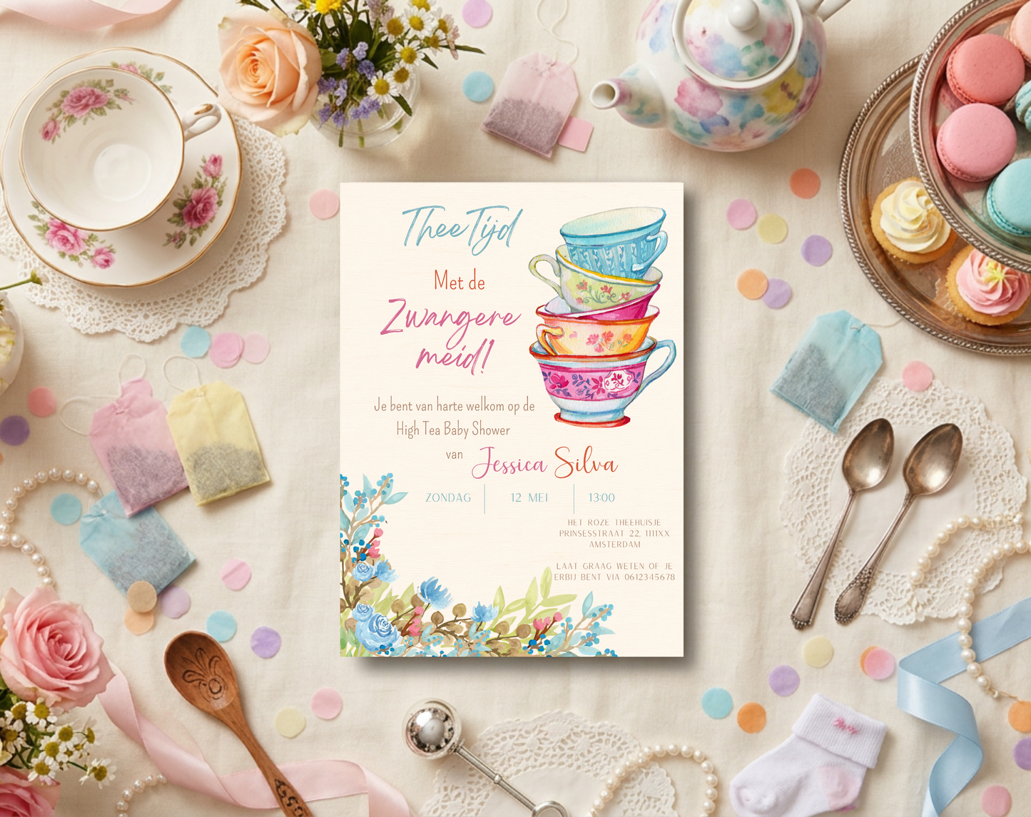 High Tea Babyshower Uitnodigingstemplate | Bewerkbare Canva Template | A5, A6 & WhatsApp | Digitale Download