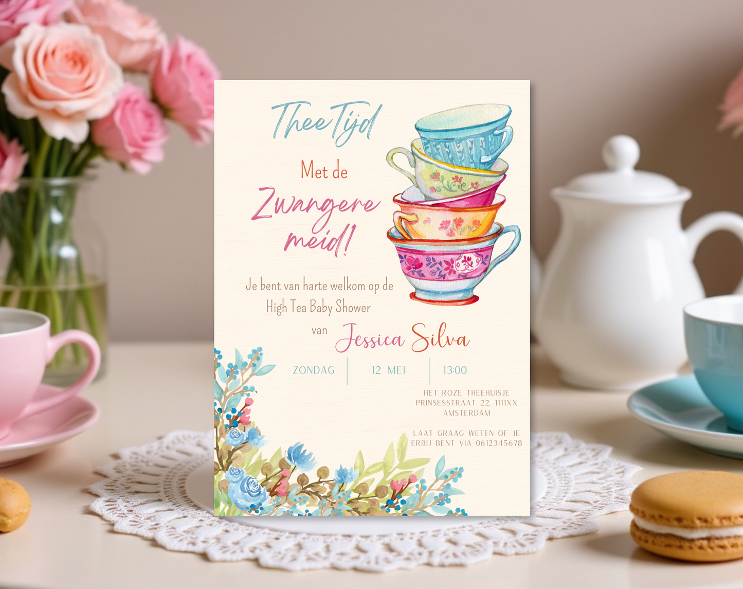 High Tea Babyshower Uitnodigingstemplate | Bewerkbare Canva Template | A5, A6 & WhatsApp | Digitale Download