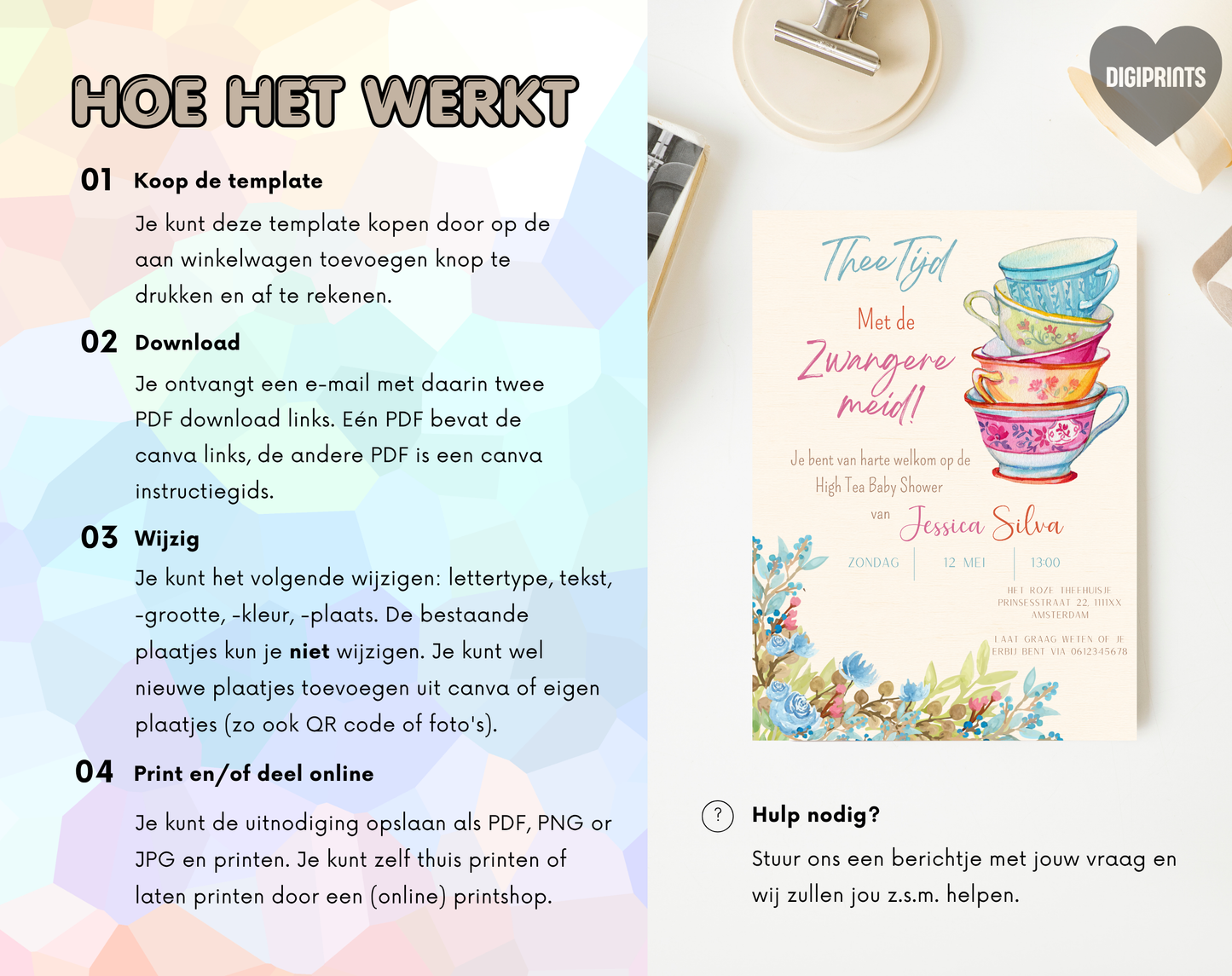 High Tea Babyshower Uitnodigingstemplate | Bewerkbare Canva Template | A5, A6 & WhatsApp | Digitale Download