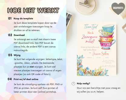 High Tea Babyshower Uitnodigingstemplate | Bewerkbare Canva Template | A5, A6 & WhatsApp | Digitale Download