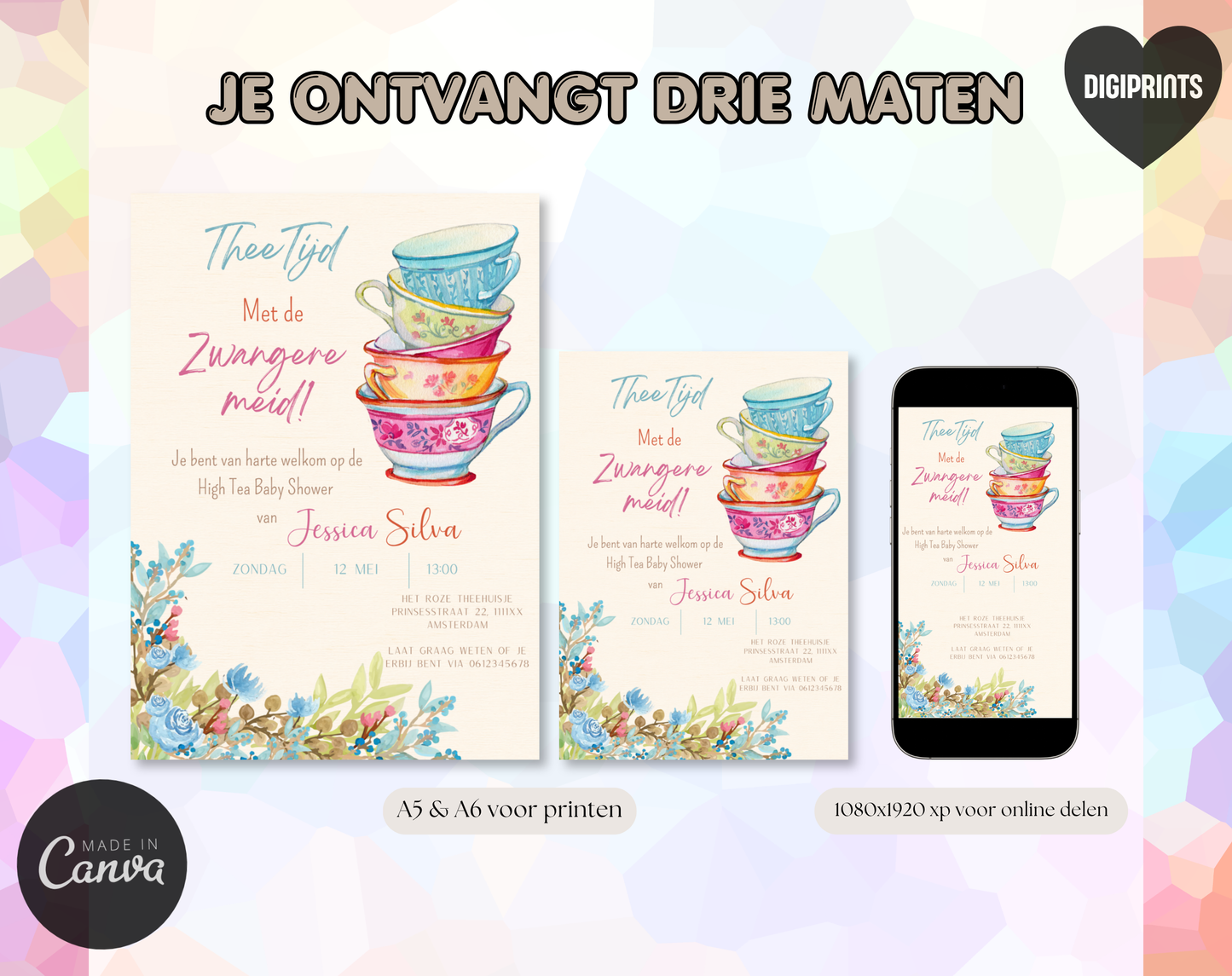 High Tea Babyshower Uitnodigingstemplate | Bewerkbare Canva Template | A5, A6 & WhatsApp | Digitale Download