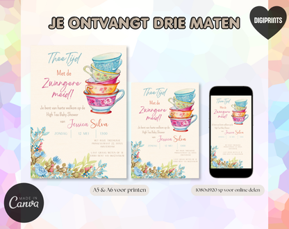 High Tea Babyshower Uitnodigingstemplate | Bewerkbare Canva Template | A5, A6 & WhatsApp | Digitale Download