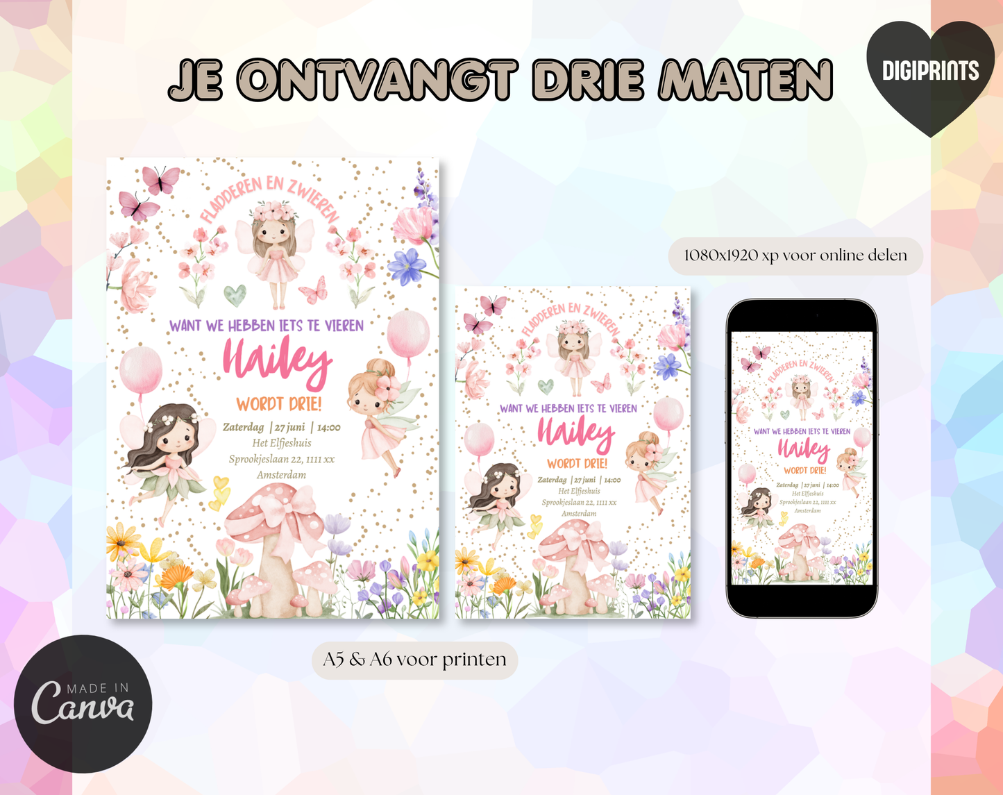 Elfjes Kinderfeestje Uitnodigingstemplate | Bewerkbare Canva Template | A5, A6 & WhatsApp | Digitale Download