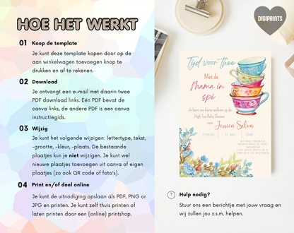 High Tea Babyshower Uitnodigingstemplate Mama in Spé | Bewerkbare Canva Template | A5, A6 & WhatsApp | Digitale Download