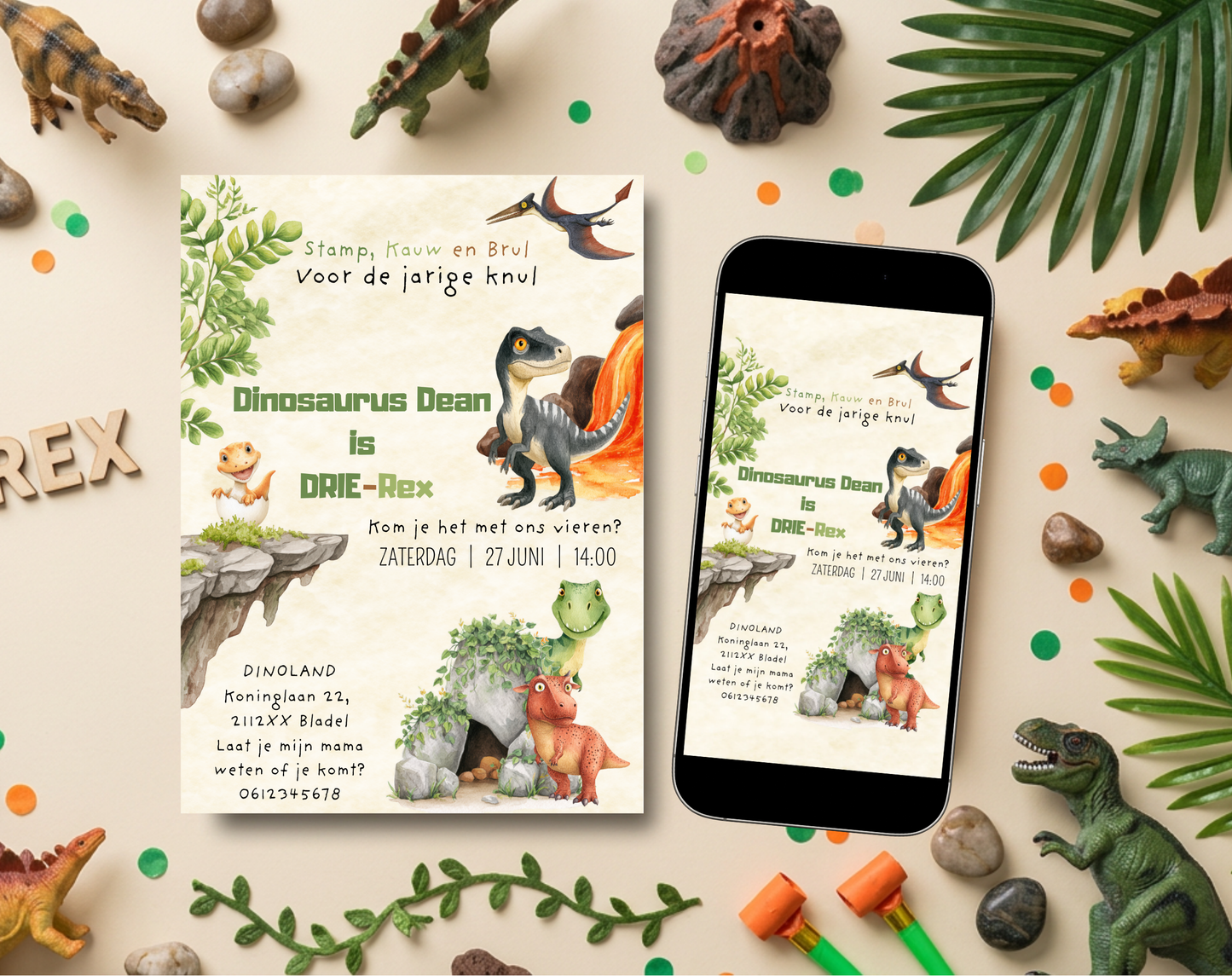 Dinosaurus 3e Verjaardag Uitnodiging DRIE-Rex | Canva Template | A5 A6 WhatsApp | Download