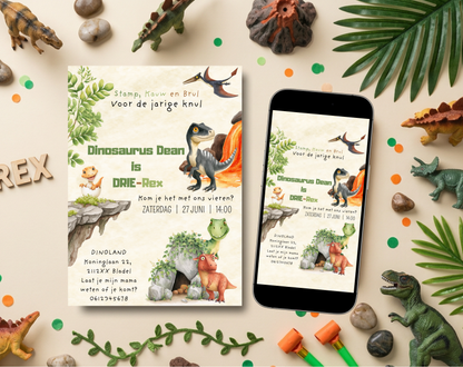 Dinosaurus 3e Verjaardag Uitnodiging DRIE-Rex | Canva Template | A5 A6 WhatsApp | Download