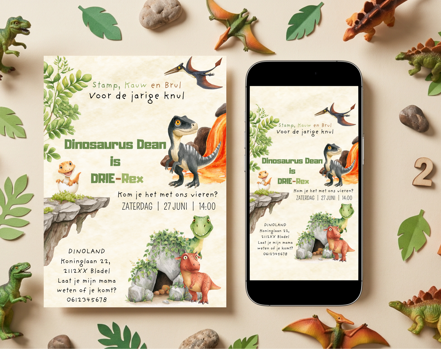Dinosaurus 3e Verjaardag Uitnodiging DRIE-Rex | Canva Template | A5 A6 WhatsApp | Download