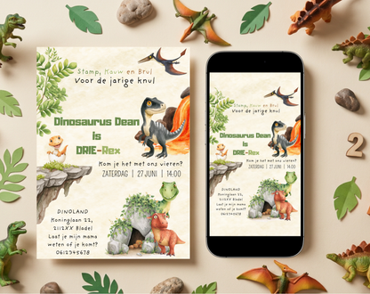 Dinosaurus 3e Verjaardag Uitnodiging DRIE-Rex | Canva Template | A5 A6 WhatsApp | Download