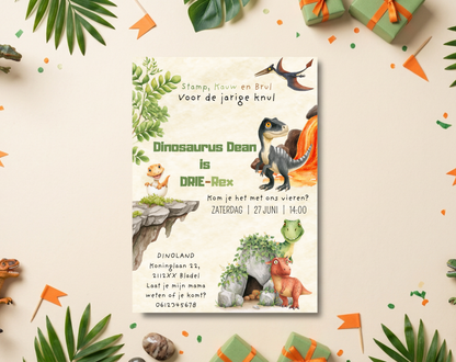 Dinosaurus 3e Verjaardag Uitnodiging DRIE-Rex | Canva Template | A5 A6 WhatsApp | Download