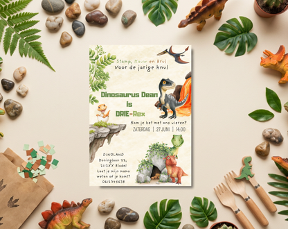 Dinosaurus 3e Verjaardag Uitnodiging DRIE-Rex | Canva Template | A5 A6 WhatsApp | Download
